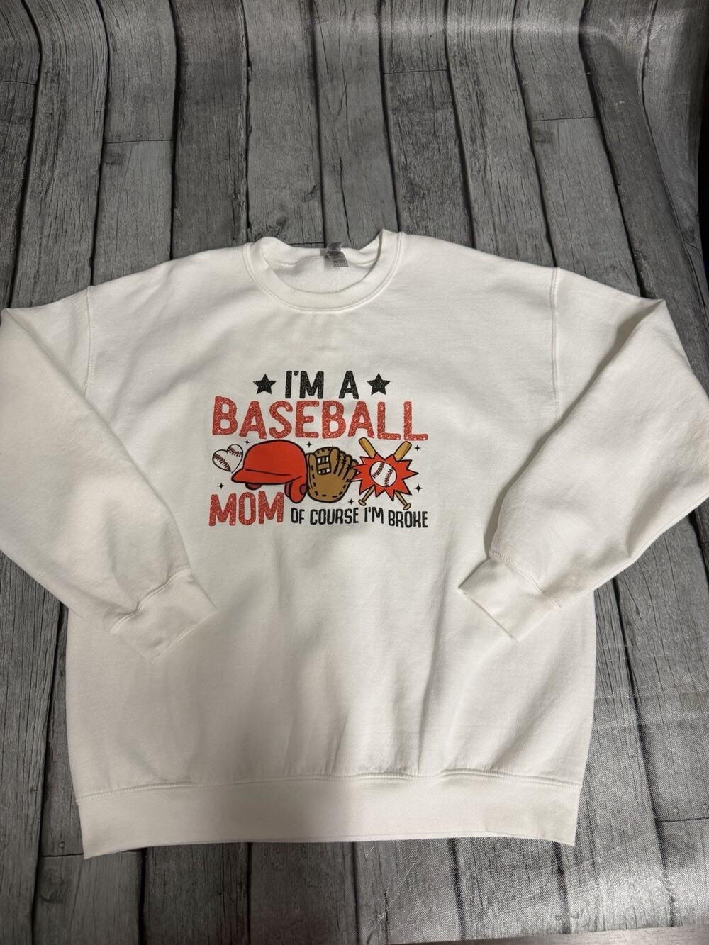 Women’s Gilden Baseball Mom Funny Crew Sweatshirt White Sz Large